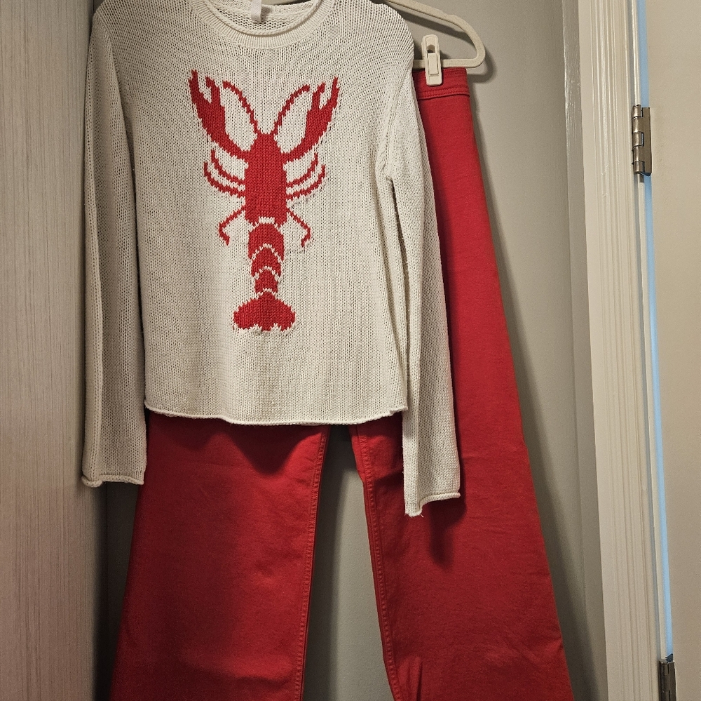 Pistola Flare Red Jeans, Wishlist Lobster Sweater & Evereve Striped Tank - Picture 2 of 9